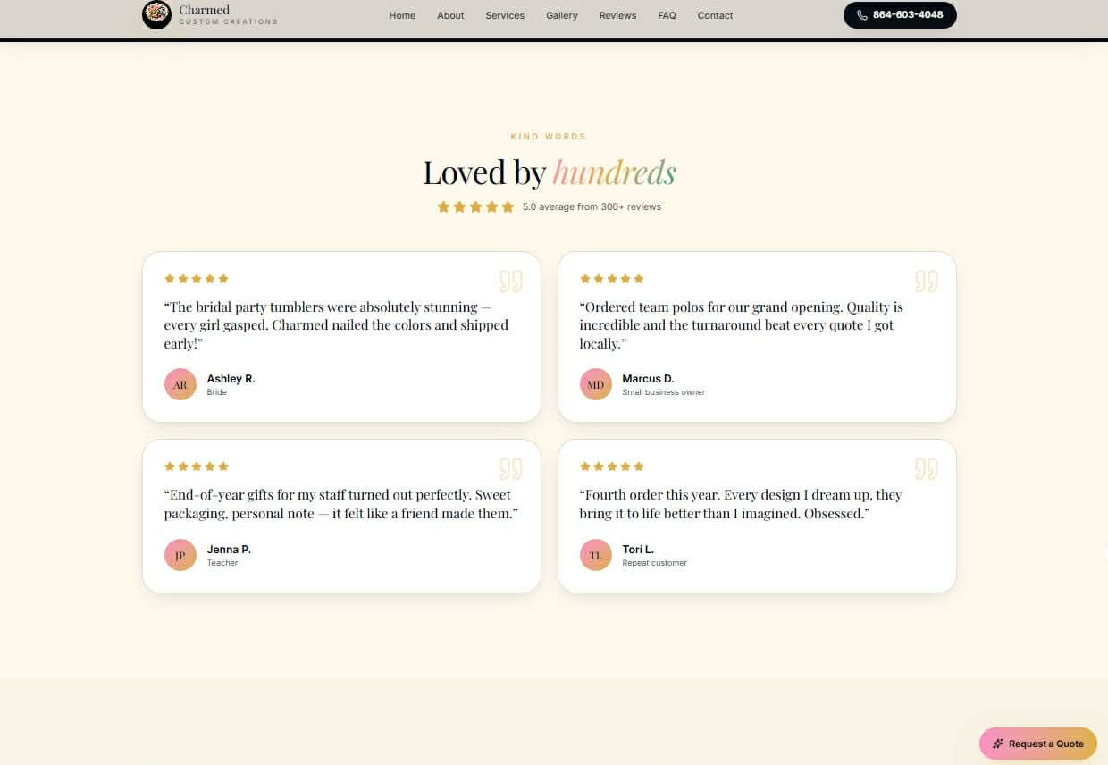 Charmed Custom Creations website — Customer Reviews